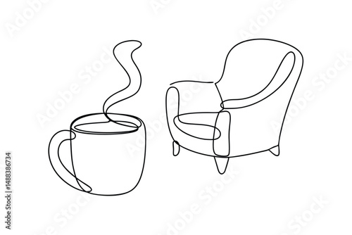 Minimalist one line drawing of coffee mug and armchair against a white background