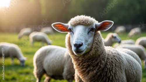 Sheep in a city flock staring ahead with grass and additional sheep in the backdrop