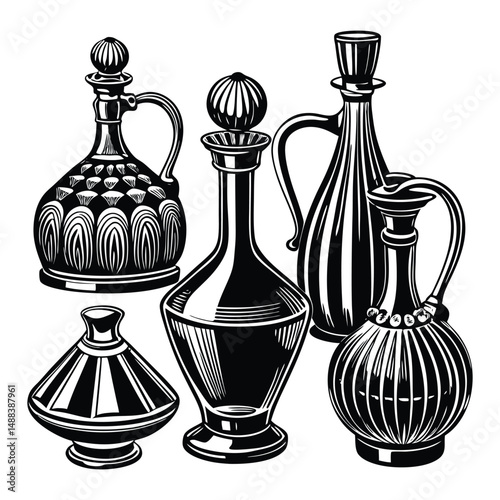 Elegant collection of vector hand-drawn glass decanters showcased in various shapes and sizes 