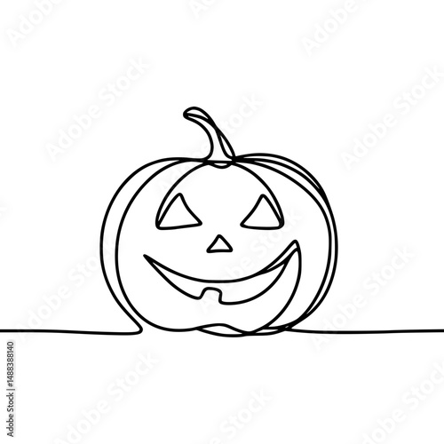Single line drawing of a smiling Halloween pumpkin on transparent background  