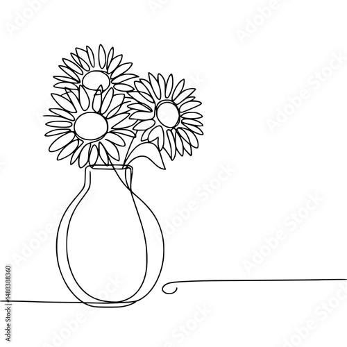 Line drawing of sunflowers in a vase on a transparent background  