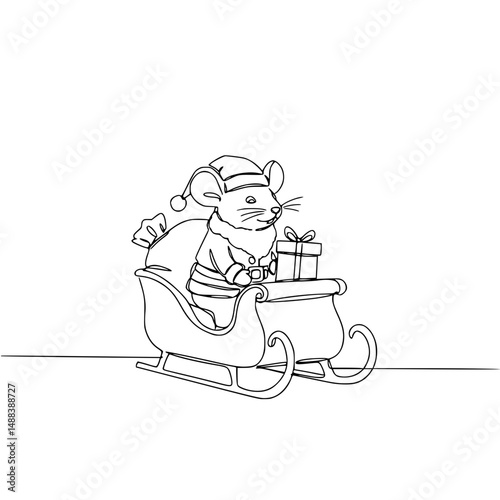 Mouse in Santa hat riding sleigh with presents on a winter background - Concept of line drawing on a transparent background  