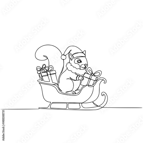 Squirrel in Santa hat riding sleigh with presents in outlined style, concept of line drawing on a transparent background  