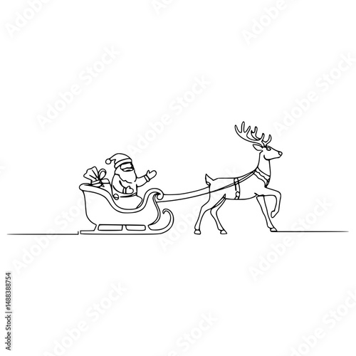 Santa Claus riding in sleigh pulled by reindeer in line drawing style, transparent background    