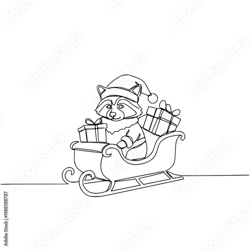 Raccoon in Santa hat carrying gifts in sleigh line drawing on transparent background  
