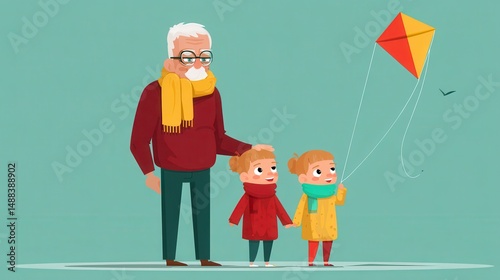 Grandfather and Grandchildren Flying a Kite Illustration
