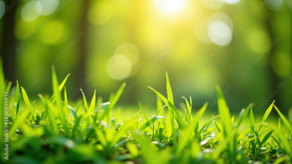 Obraz premium Vibrant Green Grass in Sunlit Forest