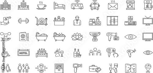 Hotel Line Editable Icons set. Vector illustration in modern thin line style hotel services related icons: room characteristics, meals, types of accommodation, cleaning, and more