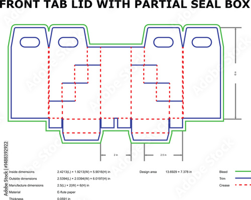 Front tab lid partial seal box packaging design template