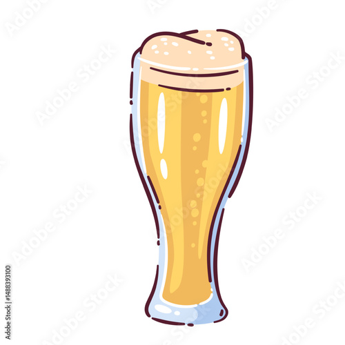 Cartoon beer glass filled with golden bubbly beer and topped with foamy head. Playful doodle style with bright colors and clean outline, great for bar or summer party design. Vector illustration.