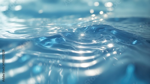 Surface of blue water with sunlight reflection and splash effect