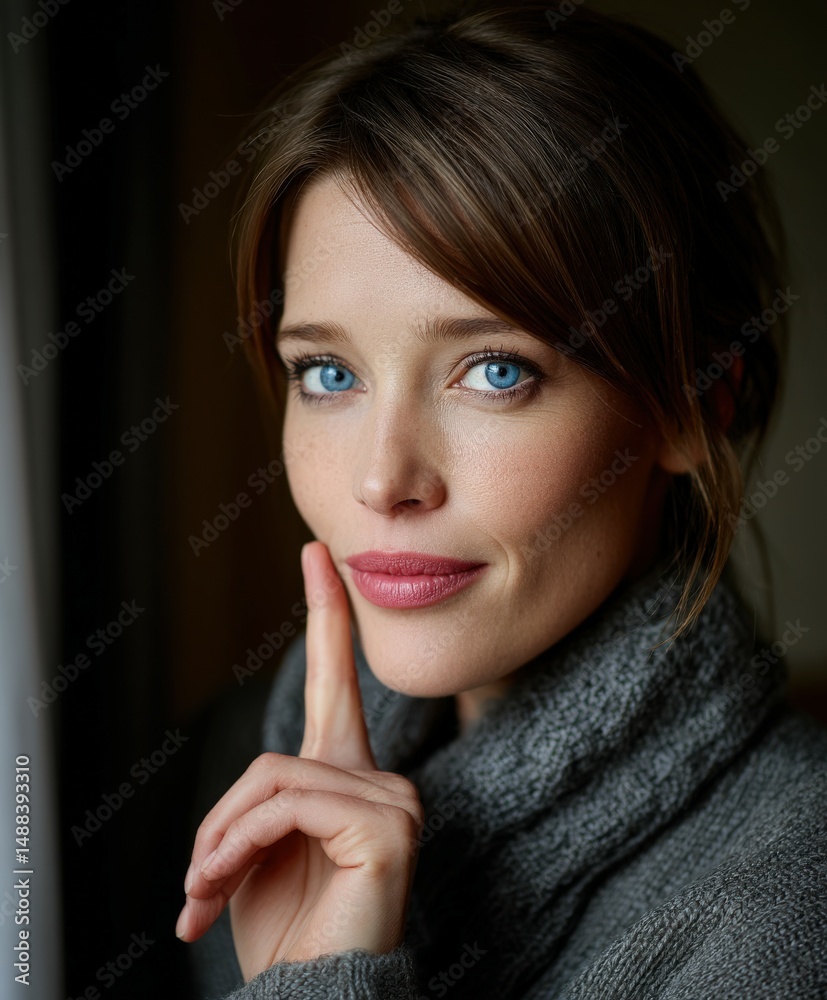 Woman with blue eyes and a thoughtful expression in a cozy setting Woman with blue eyes and a thoughtful expression in a cozy setting