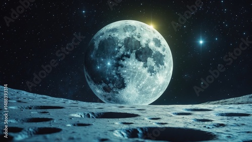 The surface featuring craters in outer space with stars