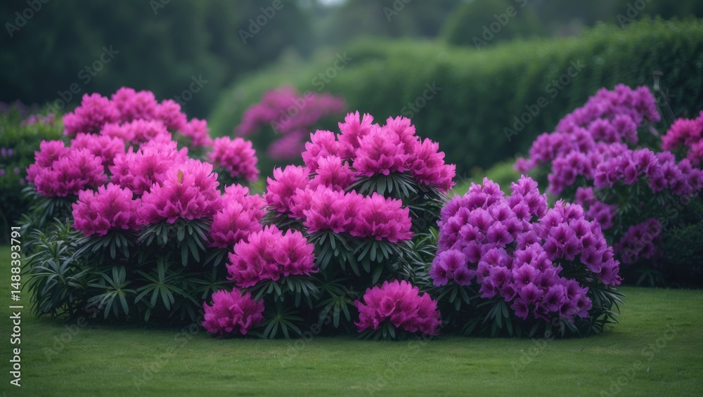 Obraz premium Pink and purple flower bushes against a green lawn backdrop. Garden.