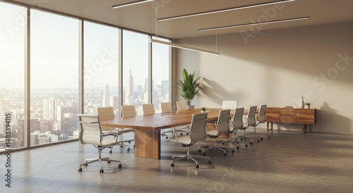 Modern conference room with large windows overlooking a city skyline.