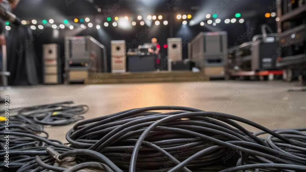 Black cables lying on floor in concert venue