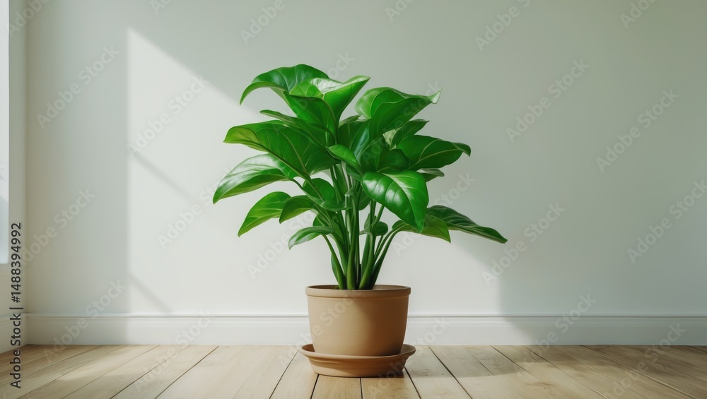 Fototapeta premium Lovely green potted plant on wooden floor against a neutral white backdrop.
