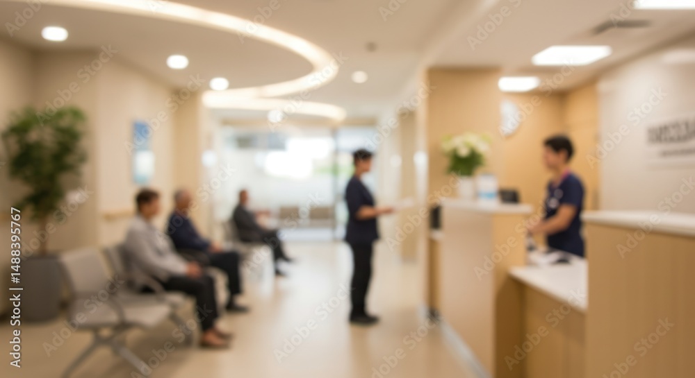 People sit in a waiting room with a receptionist at a desk. People sit in a waiting room with a receptionist at a desk.