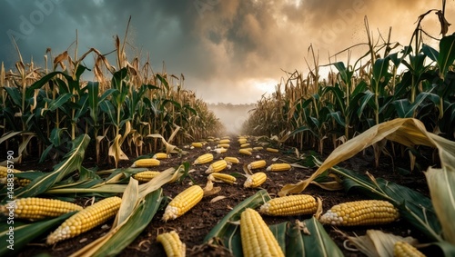 cornfield experiencing significant hail destruction