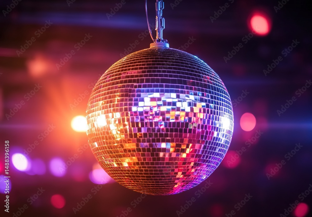 Obraz premium A disco ball hanging in a dimly lit environment with colorful lights