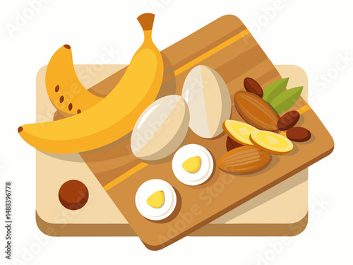A banana, boiled egg, and almond mix on a wooden board. White background, simple energy-boosting snack idea