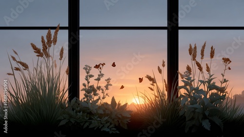 Serene Sunset View from a Cozy Indoor Space with Flowers photo