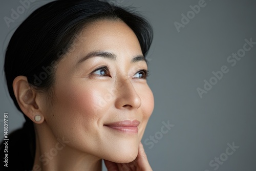 Woman with dark hair smiling softly while looking upwards in a serene, natural pose in a well-lit space in Asia