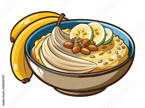 A bowl of oatmeal topped with banana and peanut butter. White background, ideal pre-workout meal concept