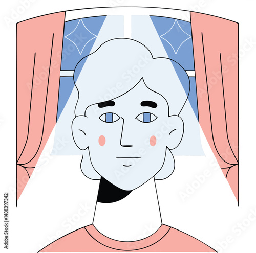 Minimalist illustration of a person gazing out a window with artistic curtains