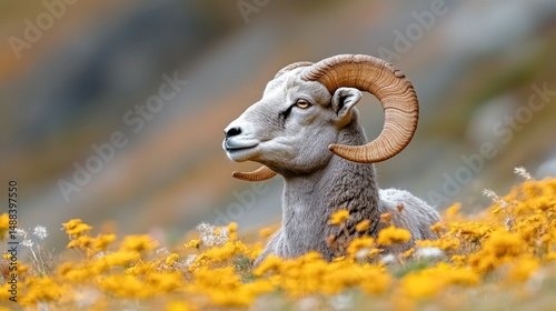 Majestic bighorn sheep resting amidst wildflowers