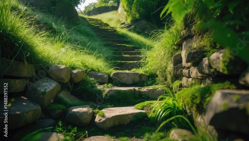A collection of aged, moss-laden stone steps ascends through vibrant greenery. The timeworn stairs, encircled by thick foliage, evoke a charming and organic ambiance. photo