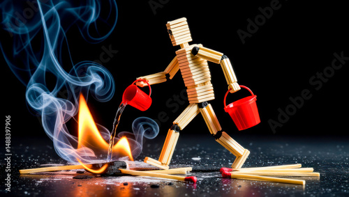 Creative figure with matchsticks extinguishing a small fire using buckets