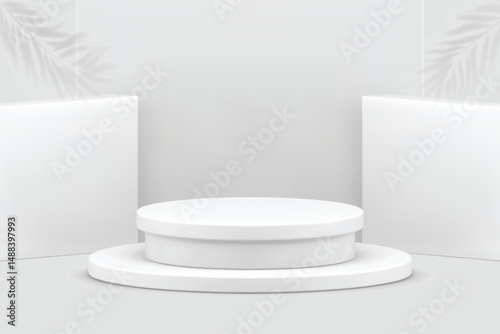 White realistic 3D cylinder steps pedestal podium set with shadow and lighting. Vector abstract studio room with geometric platform design. Gray minimal scene for products showcase, Promotion display.