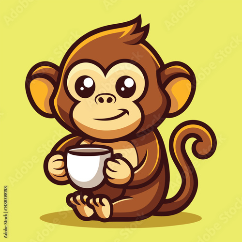 Adorable cartoon monkey enjoying a cup of coffee