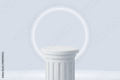 White realistic 3D cylinder steps pedestal podium set with shadow and lighting. Vector abstract studio room with geometric platform design. Gray minimal scene for products showcase, Promotion display.
