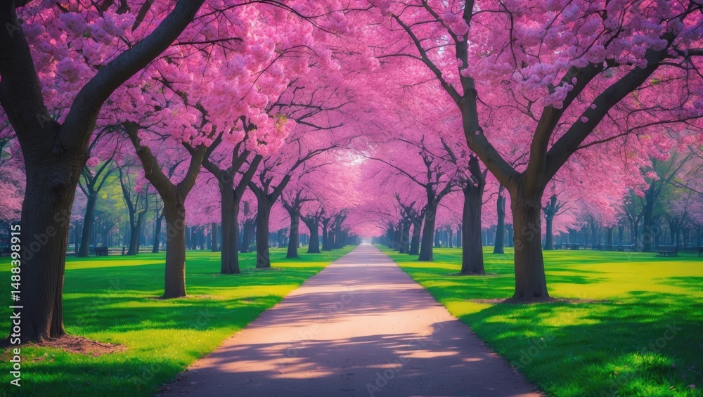 Naklejka premium Scenic walk amid blossoming trees in a park during the colorful spring season.