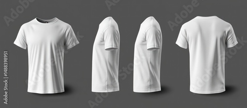 Four perspectives of a blank, white t-shirt mockup against a grey background