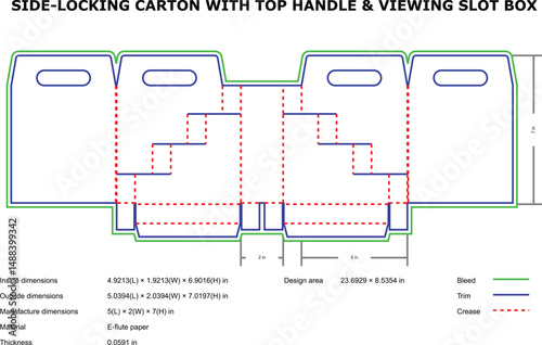 Side locking carton top handle viewing slot box diagram