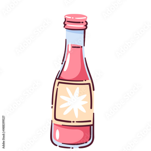 Pink soda bottle doodle in playful cartoon style, featuring a bright label and simple cap. Fizzy drink, sweet beverage, refreshing soda bottle. Vector illustration with modern, hand drawn design.