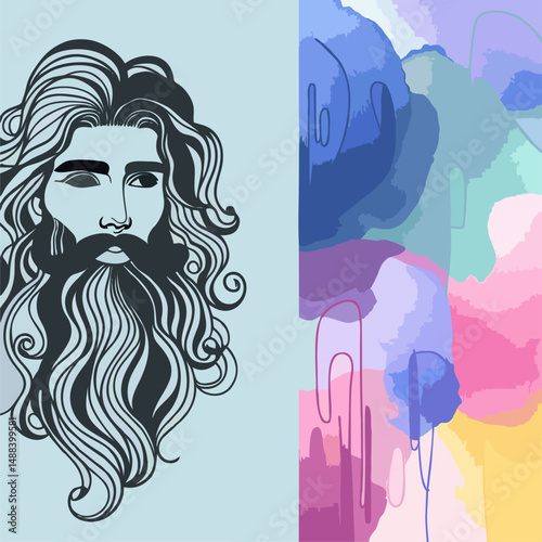 Elderly Man with Long Hair an...A detailed hand-drawn illustration of an elderly man with long flowing hair and a full beard, set against a soft watercolor background. The expressive lines and wrinkle