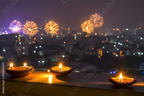 Diwali festival celebration with lit clay lamps and fireworks display in the city