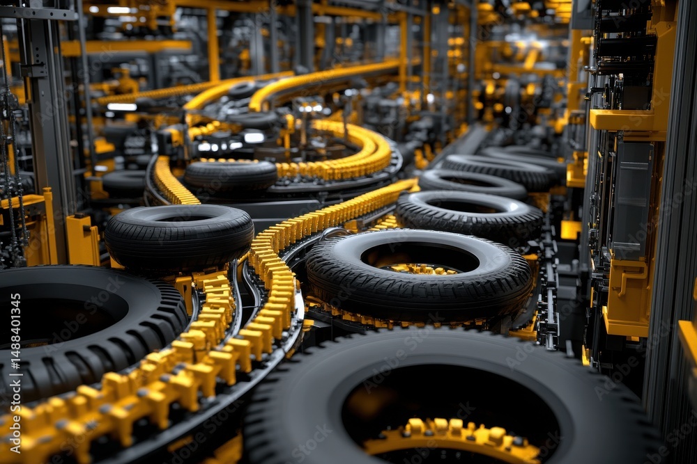 Fototapeta premium Industrial Conveyor System for Tire Processing in Manufacturing Plant