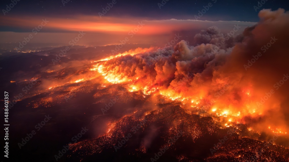 Naklejka premium Inferno: Aerial View of a Devastating Wildfire at Night