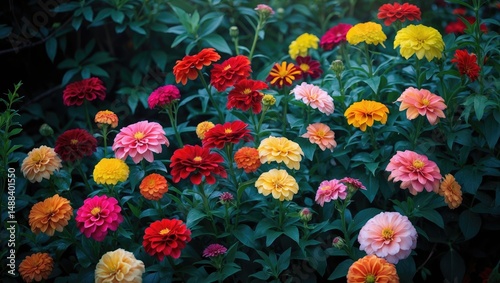 Flowers of various hues flourishing on a shrub in a lush landscape