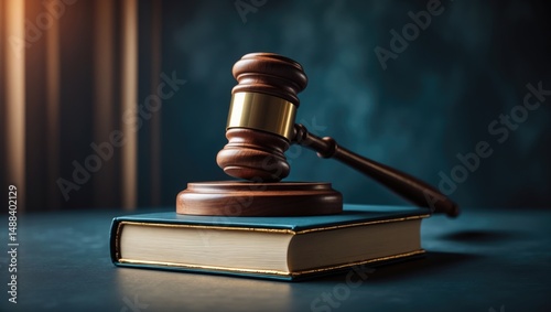 Judges gavel made of wood and brass positioned on a book symbolizing law enforcement and court decisions photo