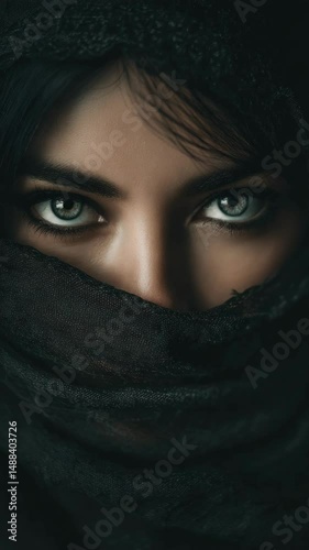 Close-up portrait of a woman with striking gray eyes and dark hair veiled in black fabric, portraying mystery and elegance.