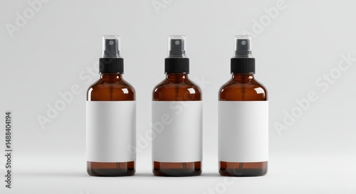 Three brown glass spray bottles with white labels on a white background.