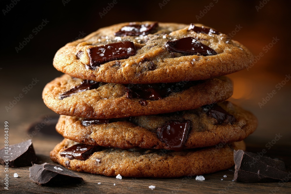 Warm chocolate chip cookies stacked on a rustic wooden surface Warm chocolate chip cookies stacked on a rustic wooden surface