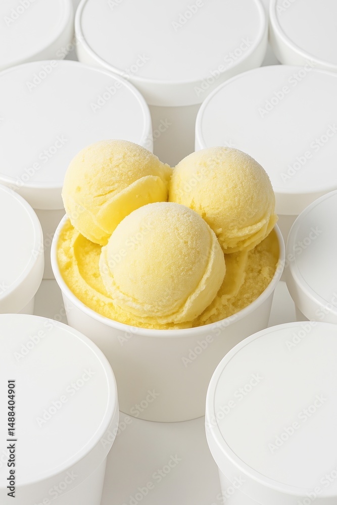 Fototapeta premium Realistic top-down close-up of a white paper cup filled with three scoops of pale yellow lemon sorbet, surrounded by similar closed white containers.
