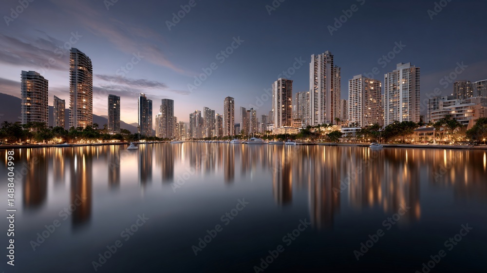 Fototapeta premium Modern City Skyline with Skyscrapers Reflected in Water